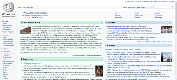 Screenshot of yesterday's Wikipedia main page featuring the Knowle West entry