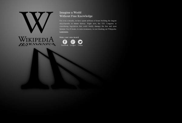 Wikipedia's blacked out website in protest against SOPA & PIPA