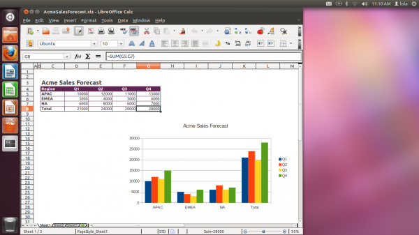 Ubuntu Desktop featuring the LibreOffice Calc spreadsheet