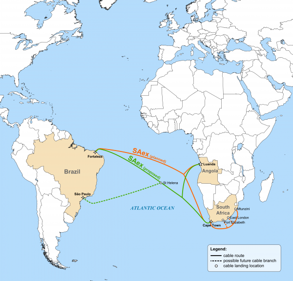 image showing proposed route of S Atlantic cable and suggested change to connect St Helena