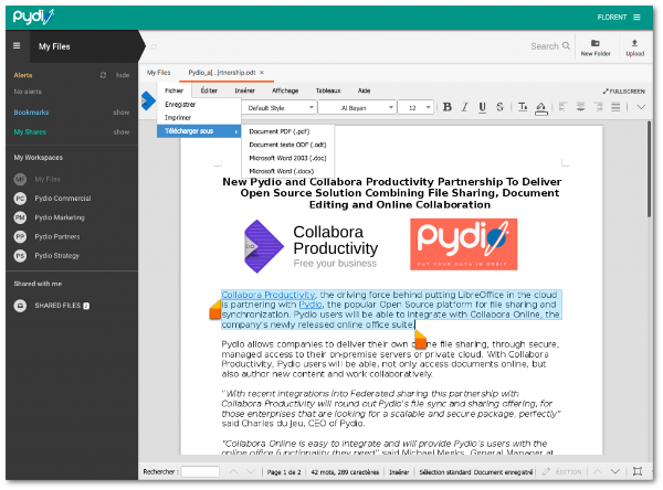 Collabora Online working in Pydio
